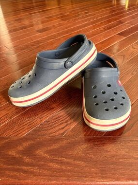 CROCS Kids Navy Clogs with Red and White Trim